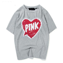 Woman T-shirts  Harajuku Summer Pink Letters Sequins Short Sleeves Tops Tee Female O-neck Loose T-shirt 33022 GS