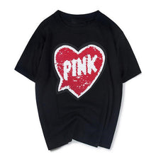 Woman T-shirts  Harajuku Summer Pink Letters Sequins Short Sleeves Tops Tee Female O-neck Loose T-shirt 33022 GS
