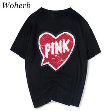 Woman T-shirts  Harajuku Summer Pink Letters Sequins Short Sleeves Tops Tee Female O-neck Loose T-shirt 33022 GS