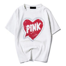 Woman T-shirts  Harajuku Summer Pink Letters Sequins Short Sleeves Tops Tee Female O-neck Loose T-shirt 33022 GS