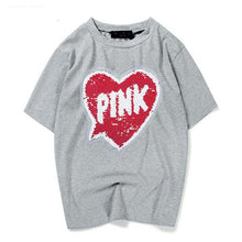 Woman T-shirts  Harajuku Summer Pink Letters Sequins Short Sleeves Tops Tee Female O-neck Loose T-shirt 33022 GS