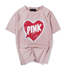 Woman T-shirts  Harajuku Summer Pink Letters Sequins Short Sleeves Tops Tee Female O-neck Loose T-shirt 33022 GS