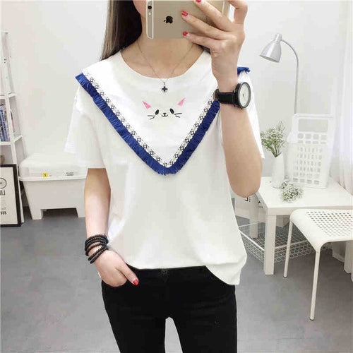 Woman Top Tees  Summer Casual Short Sleeves T-Shirt Tassel Patckwork Embroidery Cat Tops Female Kawaii Tops 33006 GS