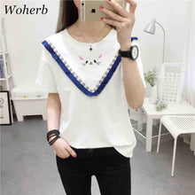 Woman Top Tees  Summer Casual Short Sleeves T-Shirt Tassel Patckwork Embroidery Cat Tops Female Kawaii Tops 33006 GS