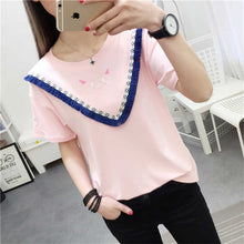 Woman Top Tees  Summer Casual Short Sleeves T-Shirt Tassel Patckwork Embroidery Cat Tops Female Kawaii Tops 33006 GS