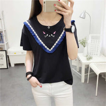 Woman Top Tees  Summer Casual Short Sleeves T-Shirt Tassel Patckwork Embroidery Cat Tops Female Kawaii Tops 33006 GS