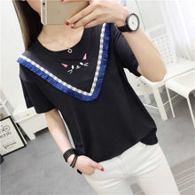 Woman Top Tees  Summer Casual Short Sleeves T-Shirt Tassel Patckwork Embroidery Cat Tops Female Kawaii Tops 33006 GS