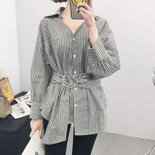 Woman Tops  New Irregular Shirt Casual Long Sleeves Striped Shirt V-neck Waistband Design Blouses Blusa Clothing 33033 GS