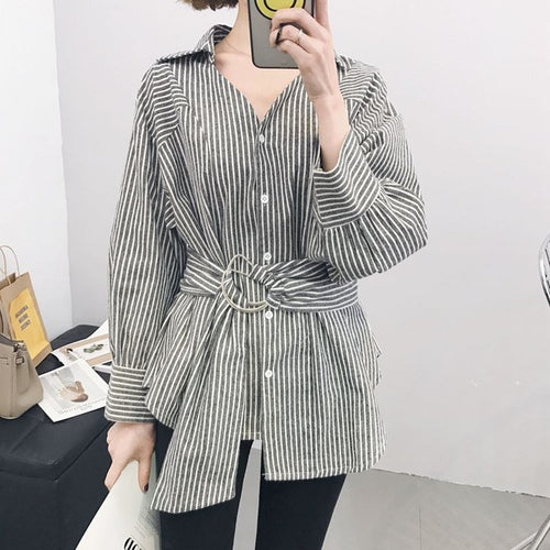 Woman Tops  New Irregular Shirt Casual Long Sleeves Striped Shirt V-neck Waistband Design Blouses Blusa Clothing 33033 GS