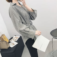 Woman Tops  New Irregular Shirt Casual Long Sleeves Striped Shirt V-neck Waistband Design Blouses Blusa Clothing 33033 GS