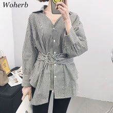Woman Tops  New Irregular Shirt Casual Long Sleeves Striped Shirt V-neck Waistband Design Blouses Blusa Clothing 33033 GS