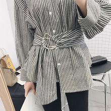 Woman Tops  New Irregular Shirt Casual Long Sleeves Striped Shirt V-neck Waistband Design Blouses Blusa Clothing 33033 GS