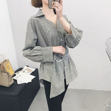 Woman Tops  New Irregular Shirt Casual Long Sleeves Striped Shirt V-neck Waistband Design Blouses Blusa Clothing 33033 GS