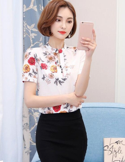 Woman Tops Shirt  Fashion Stand Collar Blouses Floral Short Sleeves Shirt Loose Famale Plus Size Tops Shirt 33060 GS