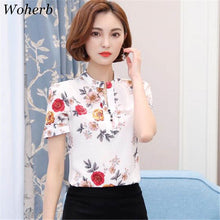 Woman Tops Shirt  Fashion Stand Collar Blouses Floral Short Sleeves Shirt Loose Famale Plus Size Tops Shirt 33060 GS