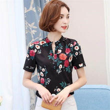 Woman Tops Shirt  Fashion Stand Collar Blouses Floral Short Sleeves Shirt Loose Famale Plus Size Tops Shirt 33060 GS
