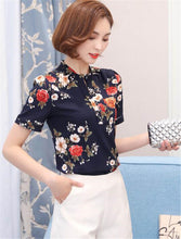 Woman Tops Shirt  Fashion Stand Collar Blouses Floral Short Sleeves Shirt Loose Famale Plus Size Tops Shirt 33060 GS