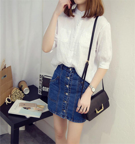 Woman Tops Shirt  Fashion Stand Collar Woman Blouses White Striped Half Sleeves Shirts Loose Linen Tops Shirt 33046 GS