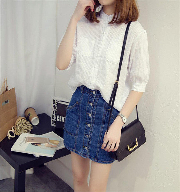 Woman Tops Shirt  Fashion Stand Collar Woman Blouses White Striped Half Sleeves Shirts Loose Linen Tops Shirt 33046 GS
