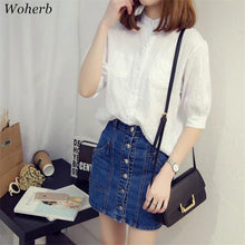 Woman Tops Shirt  Fashion Stand Collar Woman Blouses White Striped Half Sleeves Shirts Loose Linen Tops Shirt 33046 GS