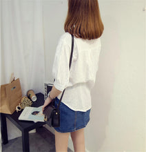 Woman Tops Shirt  Fashion Stand Collar Woman Blouses White Striped Half Sleeves Shirts Loose Linen Tops Shirt 33046 GS