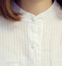 Woman Tops Shirt  Fashion Stand Collar Woman Blouses White Striped Half Sleeves Shirts Loose Linen Tops Shirt 33046 GS