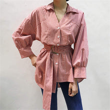 Woman Tops Shirt  Fashion Striped V-neck Waistband Design Blouses Cute Long Lantern Sleeves Irregular Tops Shirt 33054 GS