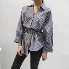 Woman Tops Shirt  Fashion Striped V-neck Waistband Design Blouses Cute Long Lantern Sleeves Irregular Tops Shirt 33054 GS