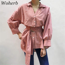 Woman Tops Shirt  Fashion Striped V-neck Waistband Design Blouses Cute Long Lantern Sleeves Irregular Tops Shirt 33054 GS