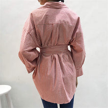 Woman Tops Shirt  Fashion Striped V-neck Waistband Design Blouses Cute Long Lantern Sleeves Irregular Tops Shirt 33054 GS