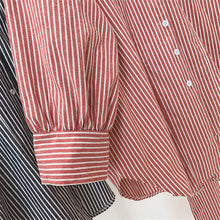 Woman Tops Shirt  Fashion Striped V-neck Waistband Design Blouses Cute Long Lantern Sleeves Irregular Tops Shirt 33054 GS