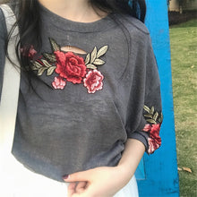 Woman Tops Tee  New Fashion Rose Embroidery T-Shirt Women Loose Short Sleeves Hollow T-shirt O-neck Loose Clothing 33031 GS