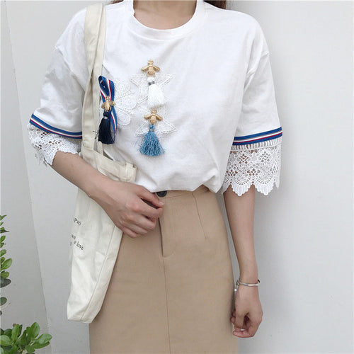 Woman Tops Tee  Summer Harajuku Tassel Applique Lace Patckwork T-shirt Short Sleeves White Casual Kawaii Shirts 33028 GS