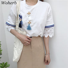 Woman Tops Tee  Summer Harajuku Tassel Applique Lace Patckwork T-shirt Short Sleeves White Casual Kawaii Shirts 33028 GS