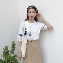 Woman Tops Tee  Summer Harajuku Tassel Applique Lace Patckwork T-shirt Short Sleeves White Casual Kawaii Shirts 33028 GS