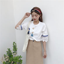 Woman Tops Tee  Summer Harajuku Tassel Applique Lace Patckwork T-shirt Short Sleeves White Casual Kawaii Shirts 33028 GS