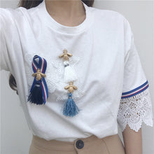 Woman Tops Tee  Summer Harajuku Tassel Applique Lace Patckwork T-shirt Short Sleeves White Casual Kawaii Shirts 33028 GS