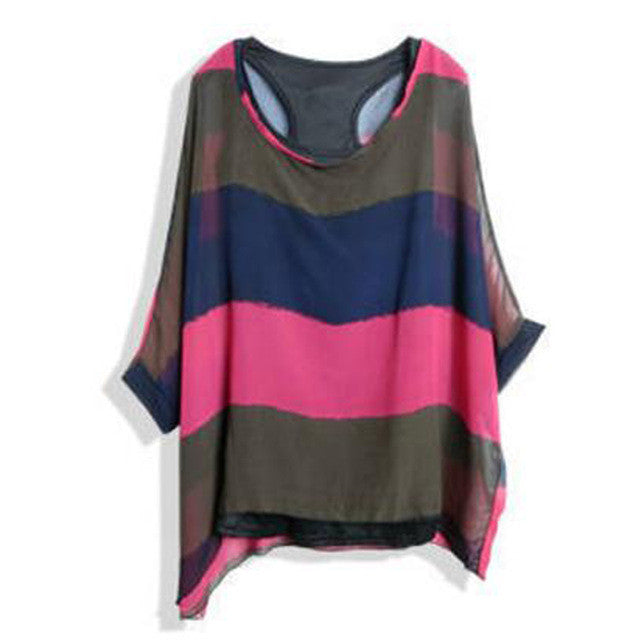 Women  Chiffon Shirts  Hot Selling Women Loose Two Piece Set Bat Sleeve Striped Blouse Casual Slim Blouses Female Tops GS