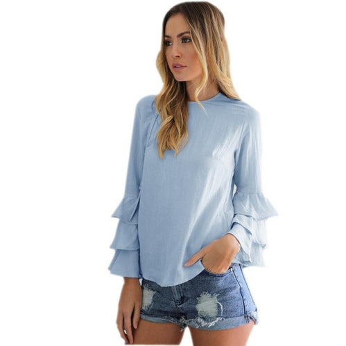 Women Blouses Long Sleeve   Ladies Sky Blue Blouse Femme O Neck Women's Shirts Flare Sleeve Top Camisas Femininas GS