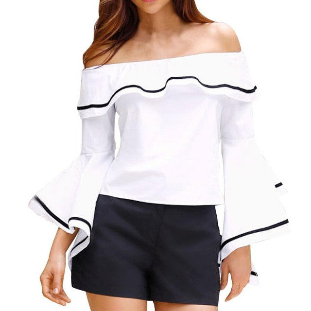 Women Blouses Sexy Slash Neck Casual Flare Long Sleeve Off Shoulder  Tops Ladies blusas feminina vero  #15 GS