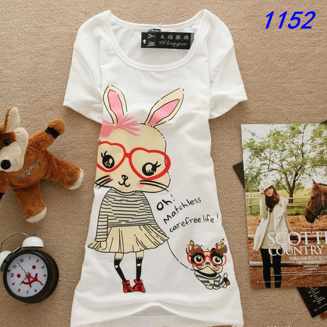 Women Cartoon cute rabbit letters print short sleeve T shirt O-neck basic grey tees girl summer fashion casual tops GS