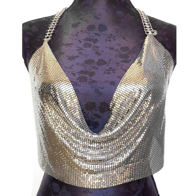 Women Club Halter Neck Sexy Squined Sling Short Tank Top For Women Backless Chain Sleeveless Crop Top Women  Top  #63 GS
