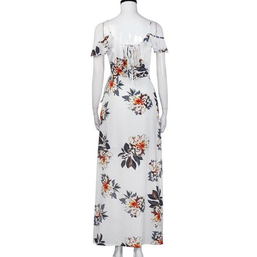 Women Floral Print Ruffles  Long Dresses Ladies V Neck Sling A-line Backless Strap Split Beach Long Maxi Dress  #63 GS