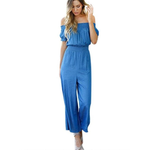 Women Jumpsuits Long Pant   Beach Long Elegant Strapless Off Shoulder High Waist Short Sleeve Rompers Overall Blue #23 GS