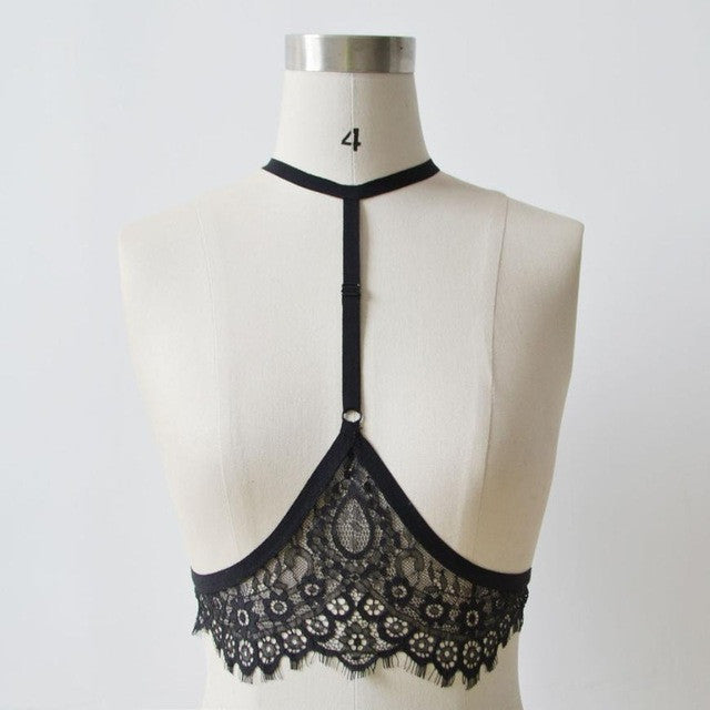 Women New Sexy Halter Neck Black/White Lace Gothic sexy Bra Harajuku bondage Bra Body Crop Tops sexy Female #63 GS