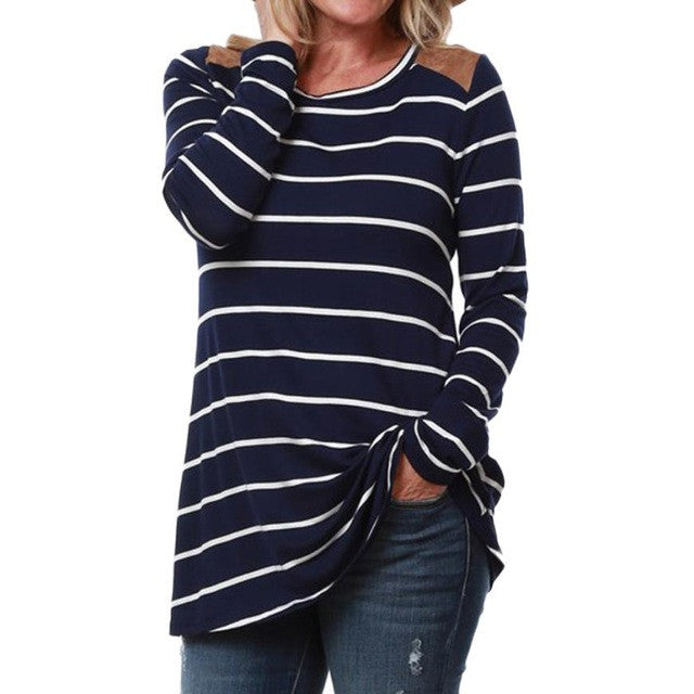 Women O Neck Long Sleeve Basic Tops Casual Loose Striped T-Shirt Patchwork T-shirts Women   Camiseta Femininos GS