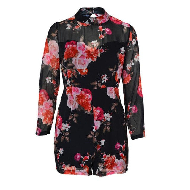 Women Playsuits  Romper  Fashion Sexy Women High Neck Long Sleeve Straight Floral Jumpsuits combinaison femme #23 GS