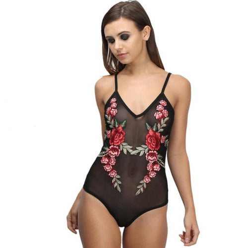 Women Sexy Black Floral Sheer Mesh Bodycon Bodysuit Womens Leotard   rompers combinaison femme #63 GS