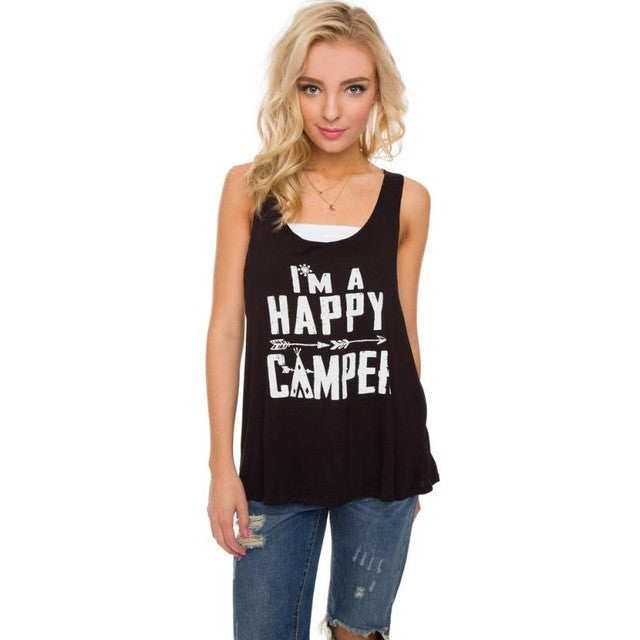 Women Sexy Black Letter I'M A HAPPY GAMPER Sleeveless Tank Top Women T-Shirt Casual Loose Tops Tee tops mujer cortos  #63 GS