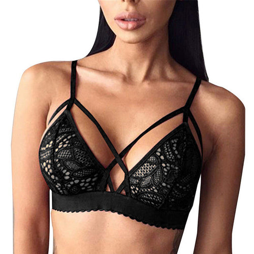 Women Sexy Crossing Bandage Crop Tops Floral Sheer Lace Bra Top Seamless Black Bralette Wireless bustier Tank Top Camis &03 GS